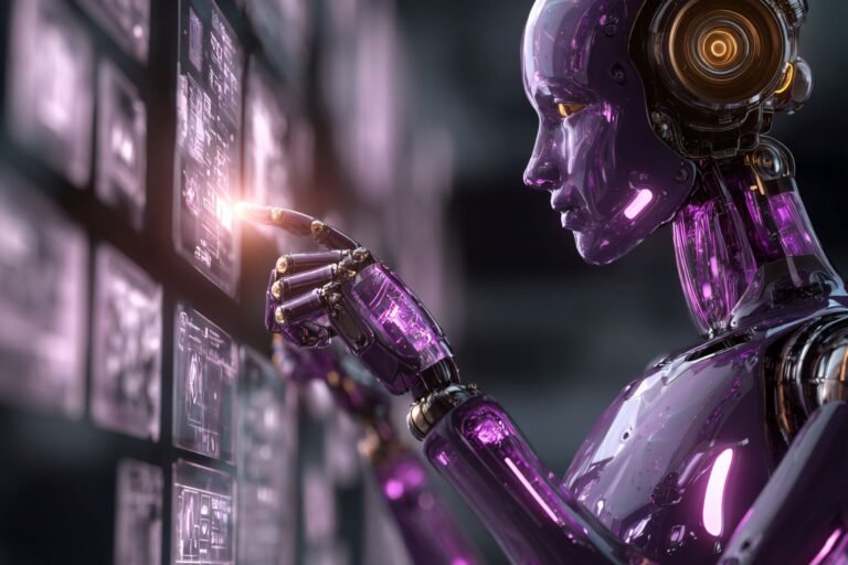 Futuristic robot interacting with screens.