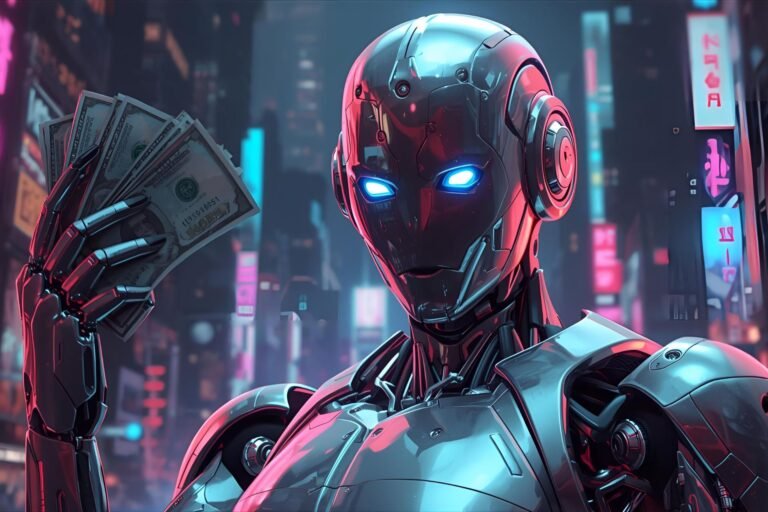 Futuristic robot holding cash in city